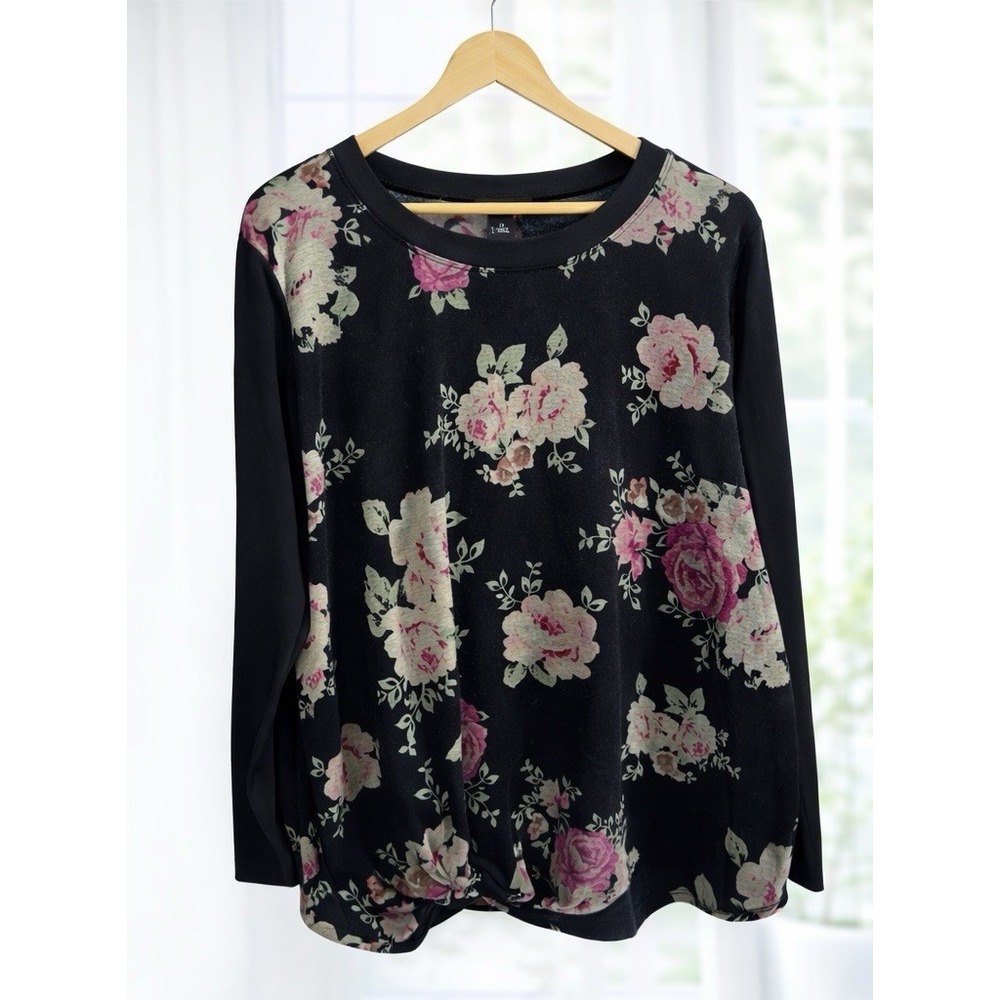 Alyx Black‎ Pink Floral Knit Pullover Top Knot Tie Hem Relaxed Fit Size 2X